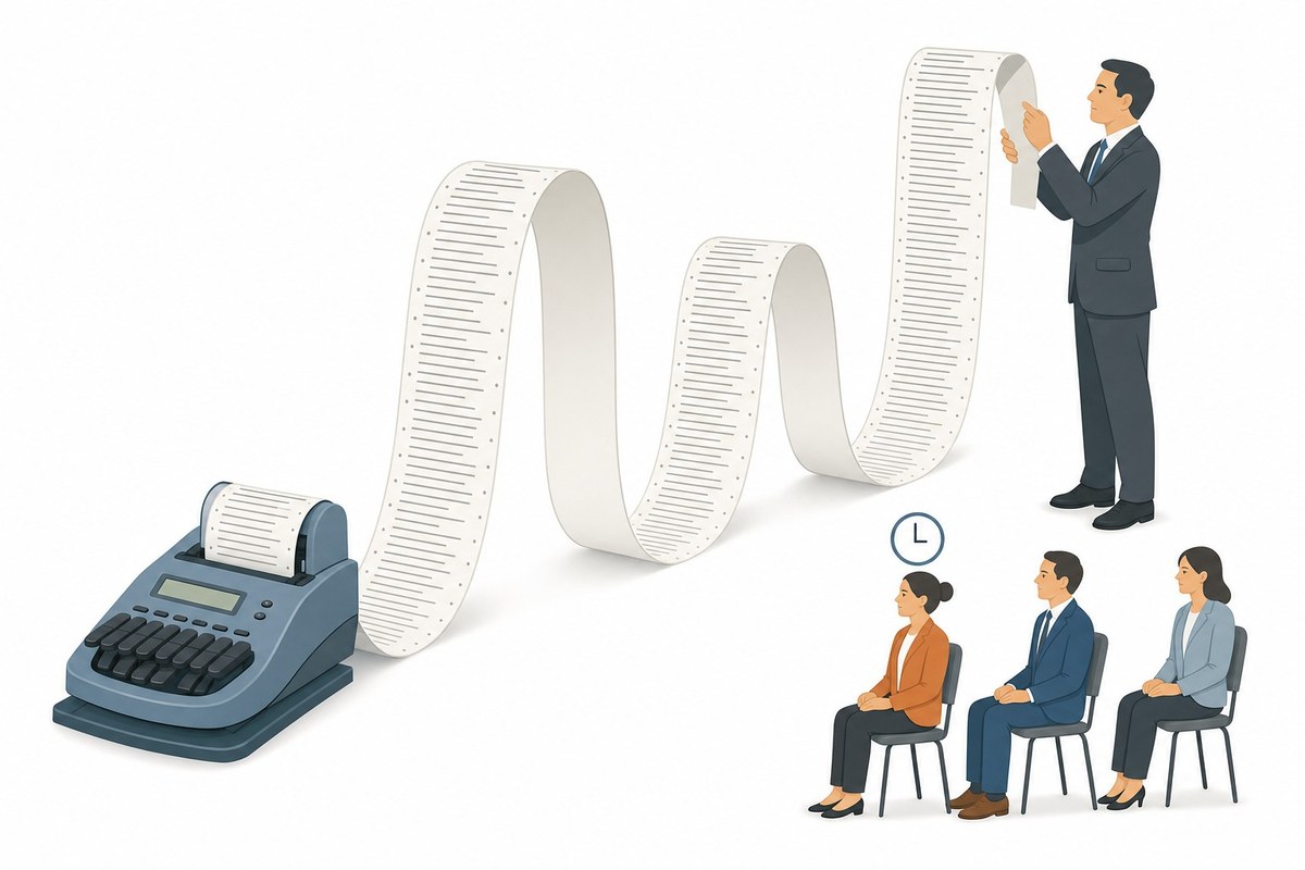 A stenographer’s transcript unspooling from the machine, with a lawyer reading the full roll from the top while the room waits