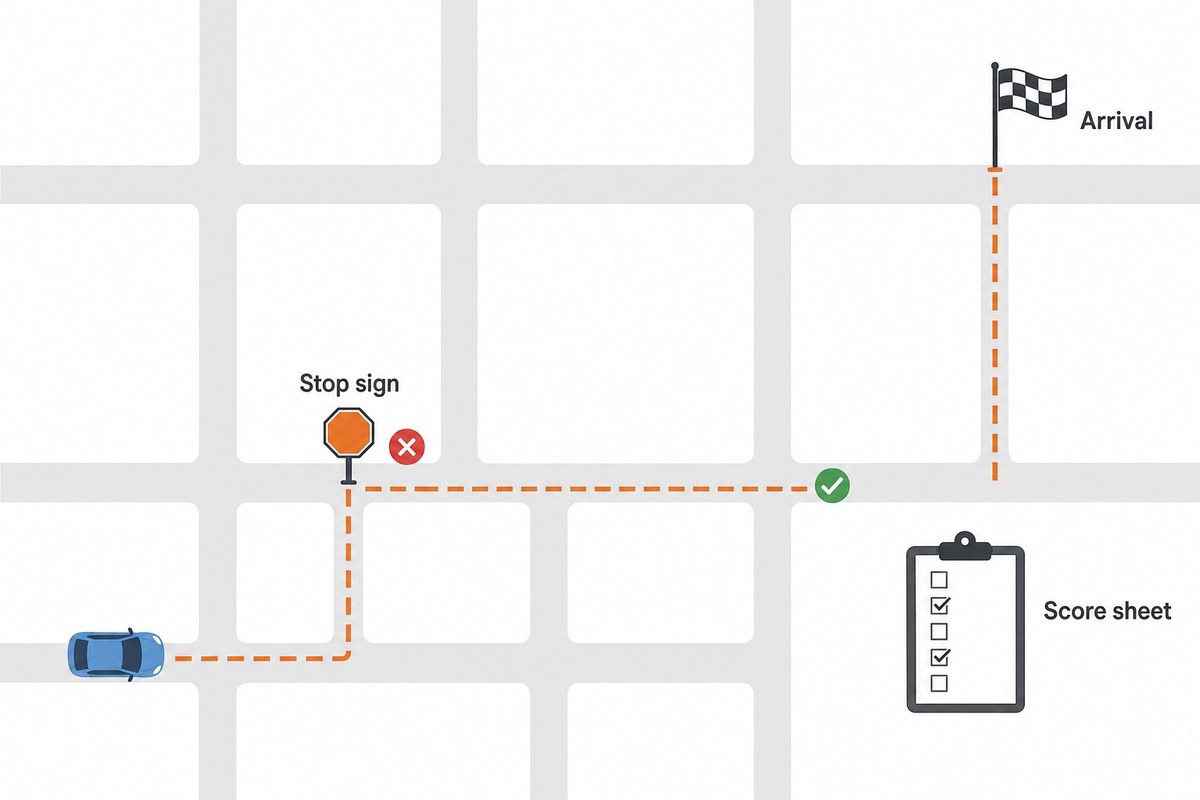 A driving examiner marks each maneuver along a fixed route, so a car that arrives on time after rolling through a stop sign still fails