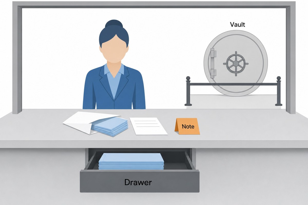 A teller reads everything in the envelope, forged note included, but the drawer limits what any note can cost and the vault sits out of reach