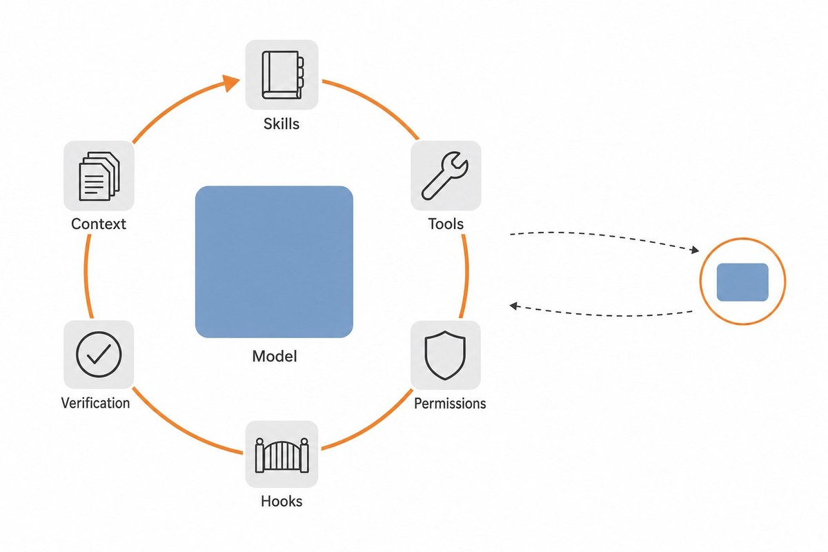 The harness around one model, where the loop passes through context, skills, tools, permission checks, hooks and verification, and a subagent runs a smaller copy of the same loop
