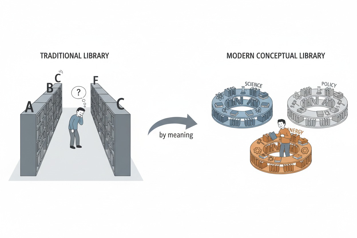 A traditional library with alphabetical shelves where a reader searches far apart, versus a modern conceptual library where books on science, energy, and policy are clustered together by topic.