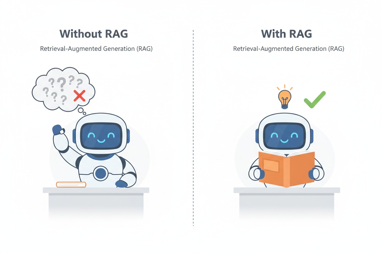 Without RAG, a robot answers from memory and gets it wrong. With RAG, the same robot reads the source document and answers correctly.
