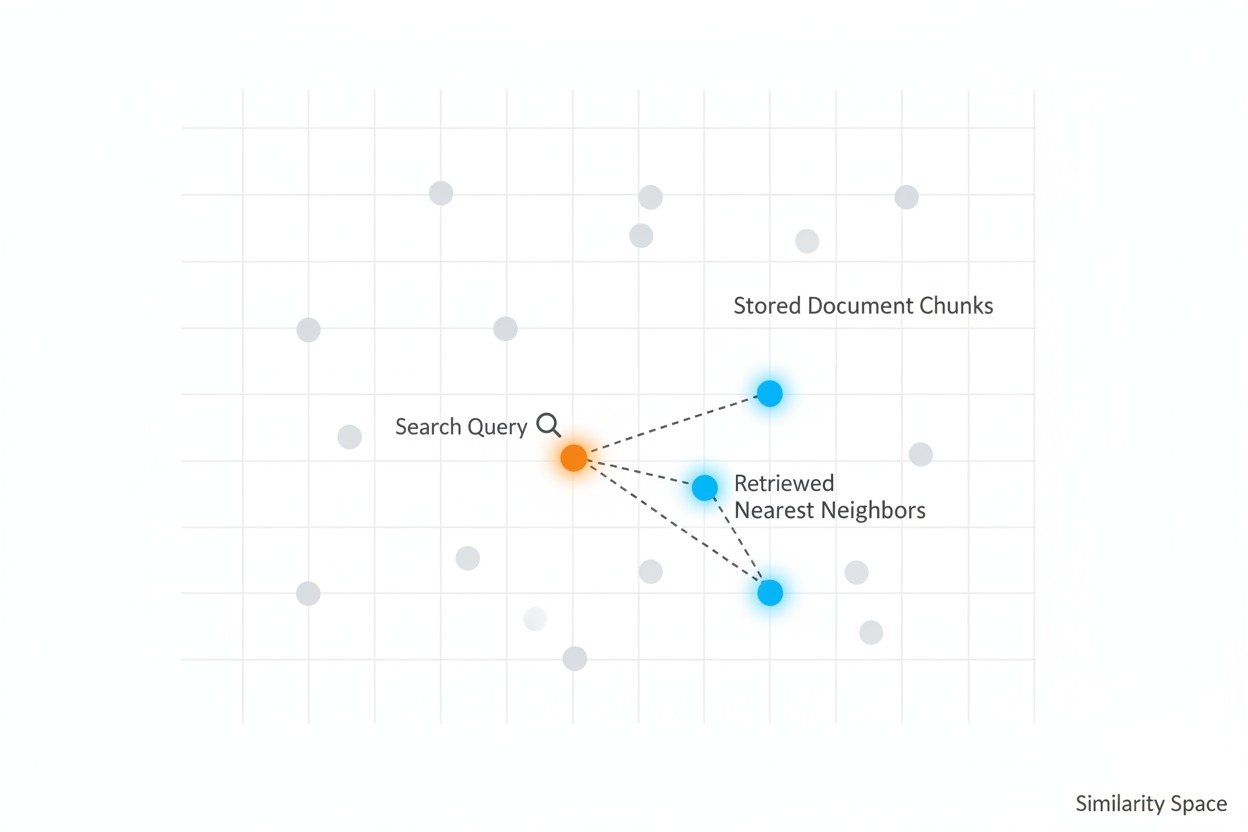 A scatter plot of stored document chunks as gray dots in meaning space. An orange query dot appears with a magnifying glass, and the three nearest chunks are highlighted in blue with dashed lines showing their proximity.